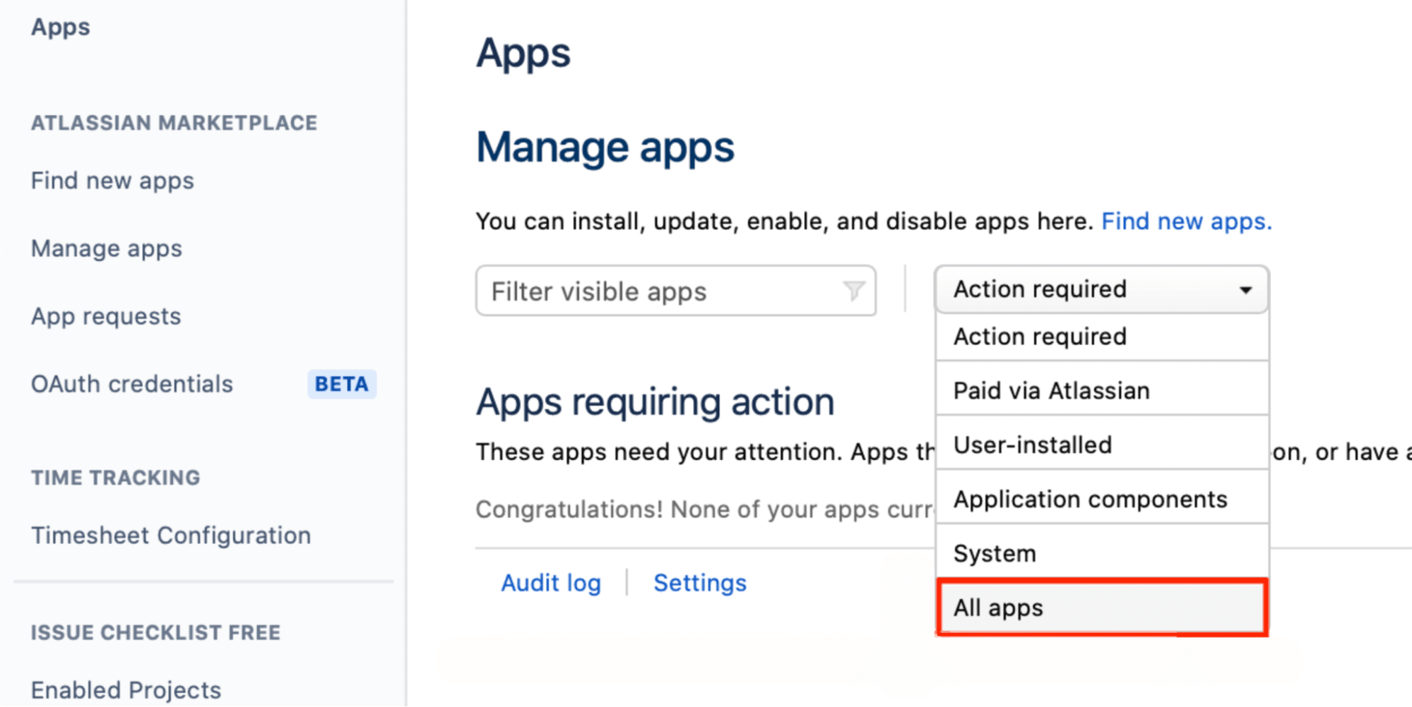 Jira Slack Integration: Configuration of Slack Add-On in Jira apps manage